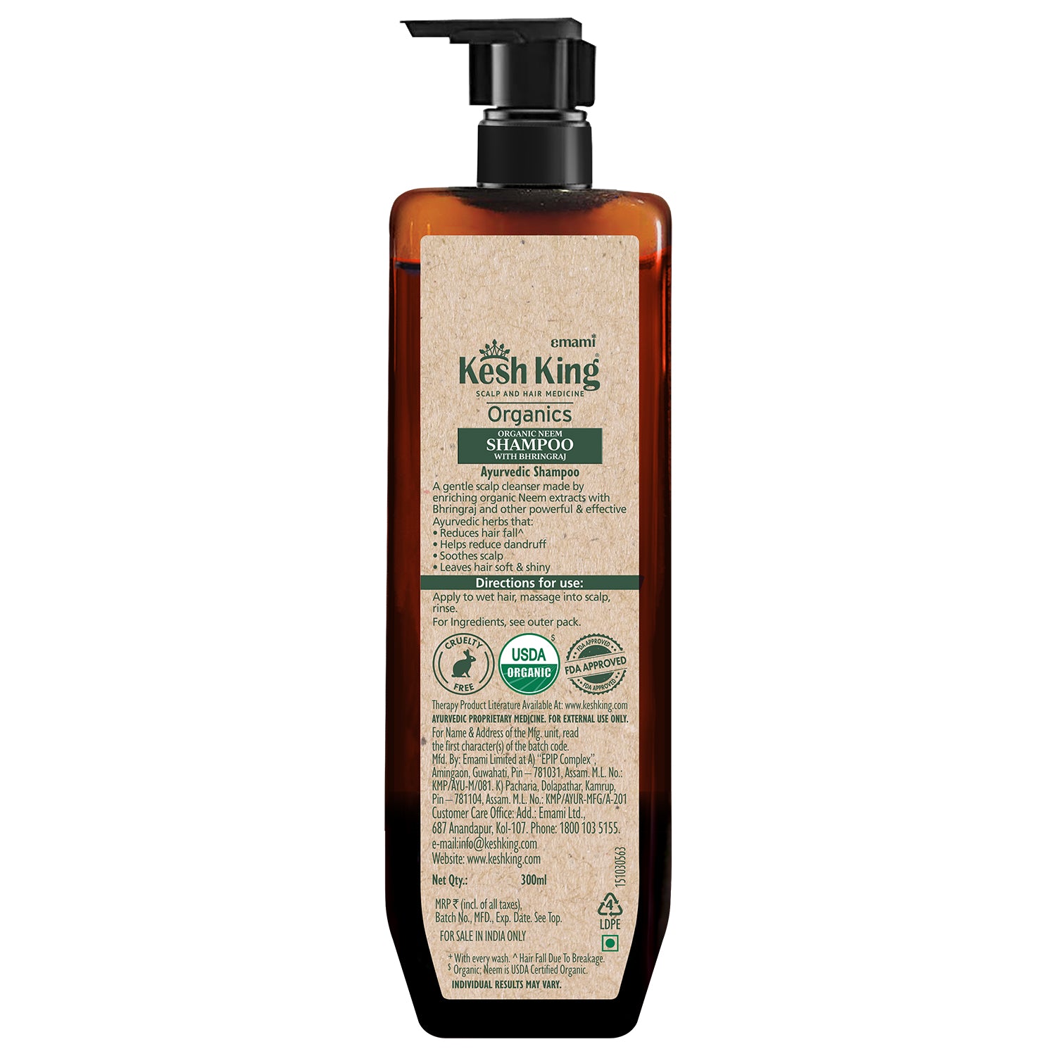 Kesh King Organics Neem & Bhringraj Anti Dandruff Shampoo, Certified Organic Ayurvedic Formula for Flake free and Healthy scalp, sulphate & paraben free, 300ml