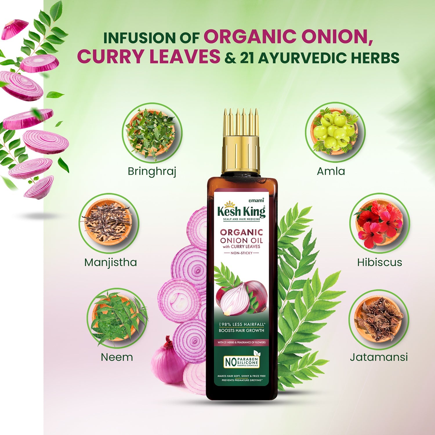 Kesh King Organic Onion Oil With Curry Leaves Reduces Hair Fall Upto 98% and Boosts Hair Growth | Non-Sticky Formula | Fragrance of Flowers | Goodness of Onion, Curry Leaves, Amla &amp; Bhringraj -100ml