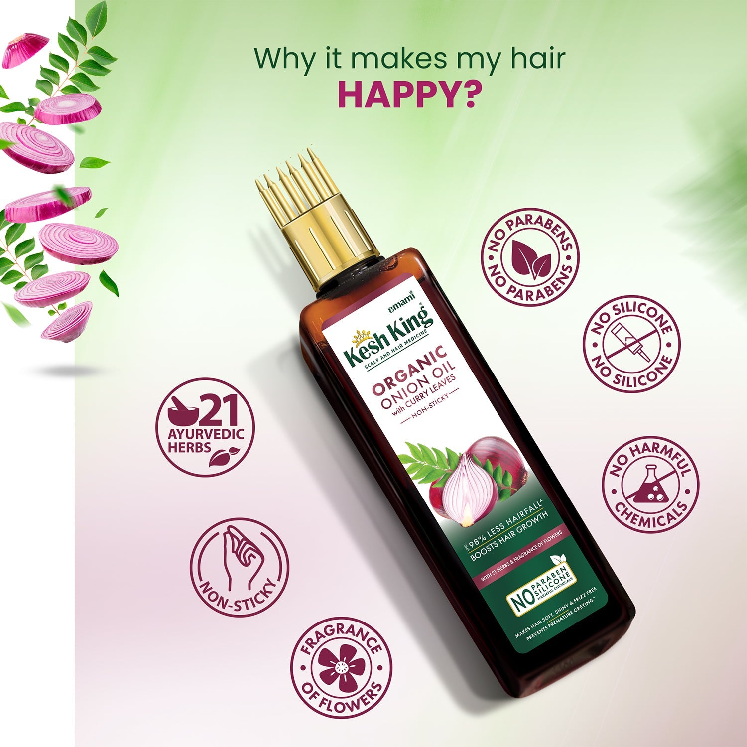 Kesh King Organic Onion Oil With Curry Leaves Reduces Hair Fall Upto 98% and Boosts Hair Growth | Non-Sticky Formula | Fragrance of Flowers | Goodness of Onion, Curry Leaves, Amla &amp; Bhringraj - 200ml